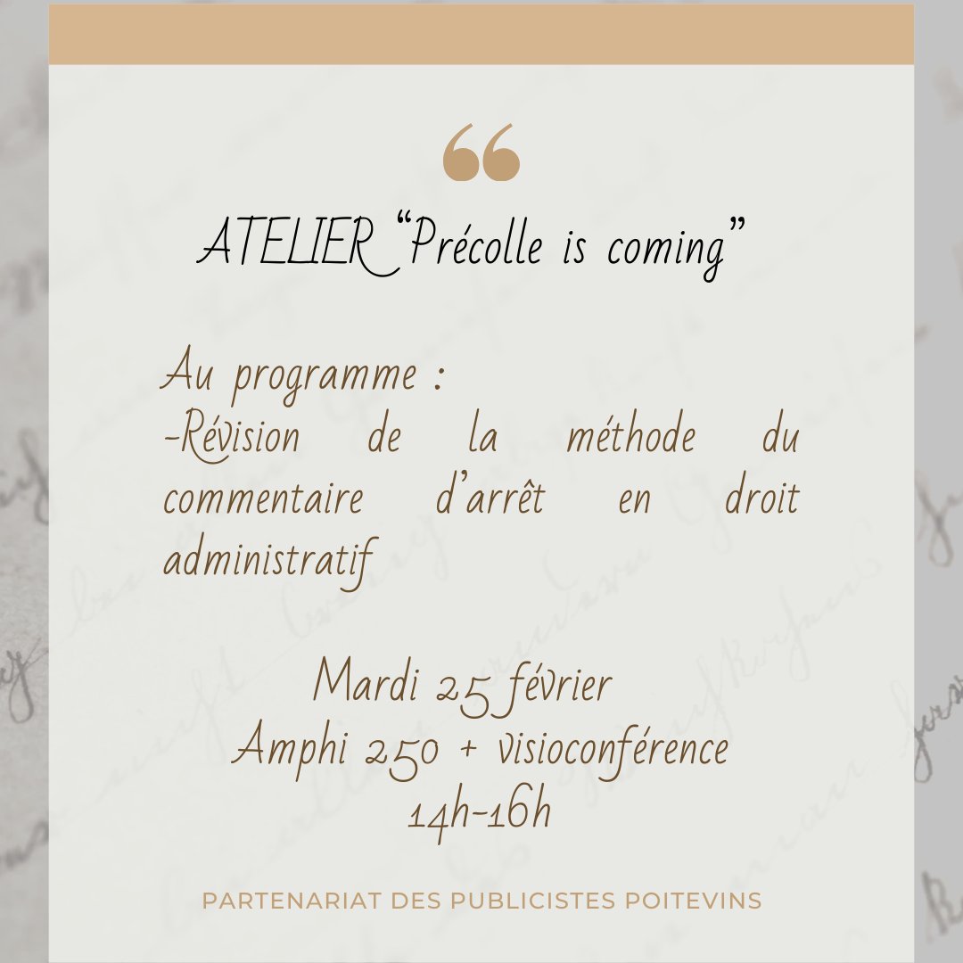 Partenariat des Publicistes Poitevins (@assoppp_) on Twitter photo Le PPP vous invite à son atelier de méthodologie "Précolle is coming"🎉! Il se tiendra le mardi 25 février de 14h à 16h en amphithéâtre 250 (campus A1).
La séance pourra aussi être suivie en visioconférence, à partir de la salle Webex de Monsieur Arthur BLANCHARD. Le PPP vous invite à son atelier de méthodologie "Précolle is coming"🎉! Il se tiendra le mardi 25 février de 14h à 16h en amphithéâtre 250 (campus A1).
La séance pourra aussi être suivie en visioconférence, à partir de la salle Webex de Monsieur Arthur BLANCHARD.