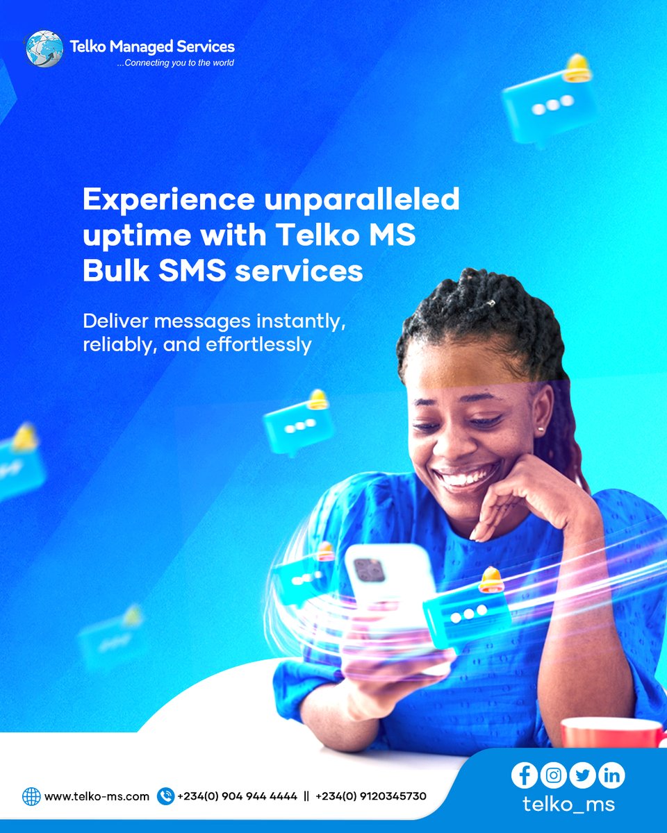 telko_ms's tweet photo. Stay connected without interruptions! Experience unparalleled uptime with Telko MS Bulk SMS services.
Deliver messages instantly, reliably, and effortlessly.
π― Fast. Reliable. Scalable.
Start sending with confidence today!
#BulkSMS #ReliableMessaging #TelkoMS Portable https://t.co/JD6hcATJEm