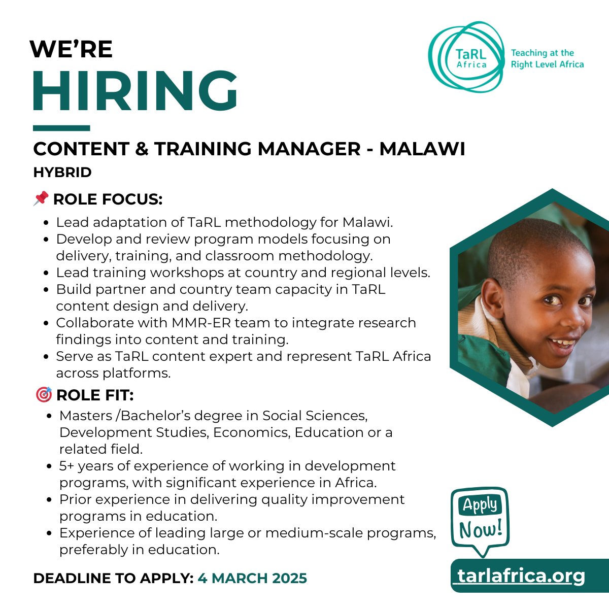 TaRL_Africa's tweet image. 🚨 We're Hiring! Join TaRL Africa as a Content &amp;amp; Training Manager in Malawi!
If you're passionate about improving education and building foundational skills, apply now!

📅 Deadline: 4th March 2025
🔗 Apply here: teachingattherightlevel.bamboohr.com/careers/32
📍 Location: Malawi

#Hiring #Jobs #TaRL