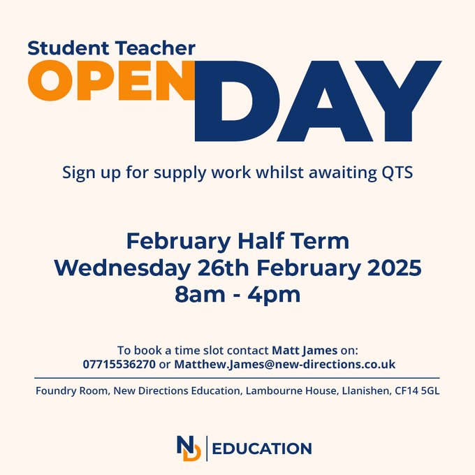 NDKeriEvans's tweet photo. We are running a student teacher open day over half term next week for all you budding teachers interested in registering with an agency before your QTS over the Summer. Please get in touch if you would like to attend! #NEWDIRECTIONS https://t.co/p69t8pfTZq