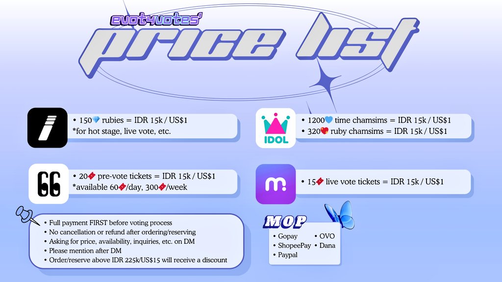 evot4votes's tweet image. 🛍´ PRICE LIST `🏷

t. wts wtb sell buy lfb lfs jual beli idolchamp mubeat higher diggus pre live vote ticket time blue red ruby chamsim heartbeats rubies inkigayo music core mucore show champion