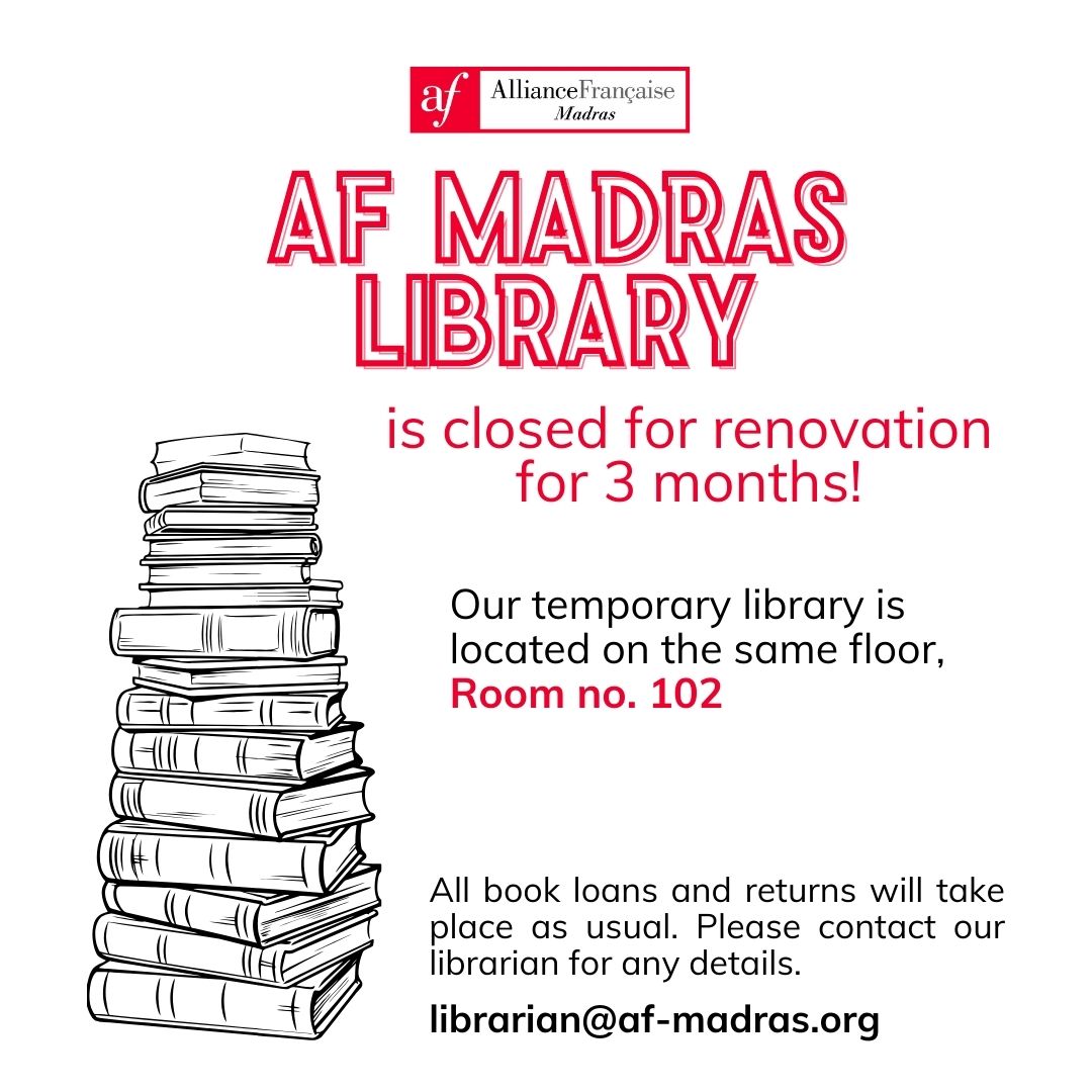 AFMadras (@afmadras) on Twitter photo AF Madras library is closed for renovation for 3 months.
Our temporary library is located on the ground floor, Room no. 102. All the book loans and returns will take place as usual.
📩librarian@af-madras.org
#afmadras #afmadraslibrary #libraryclosed #closedforrenovations AF Madras library is closed for renovation for 3 months.
Our temporary library is located on the ground floor, Room no. 102. All the book loans and returns will take place as usual.
📩librarian@af-madras.org
#afmadras #afmadraslibrary #libraryclosed #closedforrenovations