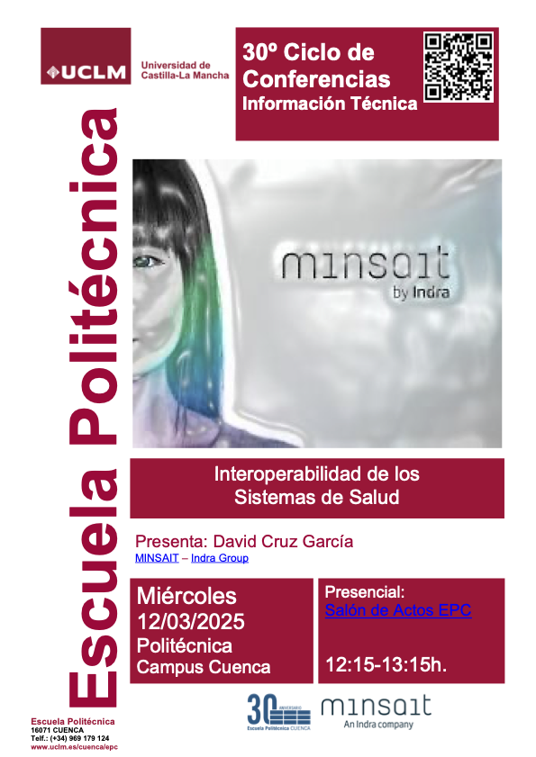 politecnicacu's tweet photo. 📅 MAÑANA 12 de marzo, no te pierdas la conferencia sobre "Interoperabilidad de los Sistemas de Salud" presentada por David Cruz García de Minsait - @IndraCompany
🕛 12:00h a 13:00h (Salón de Actos EPC)
#Salud #Tecnología #Ingeniería #GIB #GITT #MUIT https://t.co/GltxAvtutQ