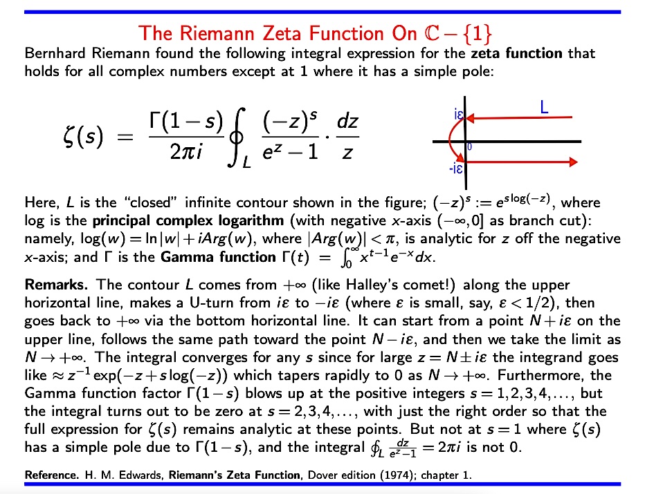 SamuelGWalters's tweet image. Riemann found this contour integral formula for his zeta function which converges for all complex numbers except at 1 (where zeta has a simple pole). Here, the integral is explained in some detail. #math #calculus #ComplexAnalysis