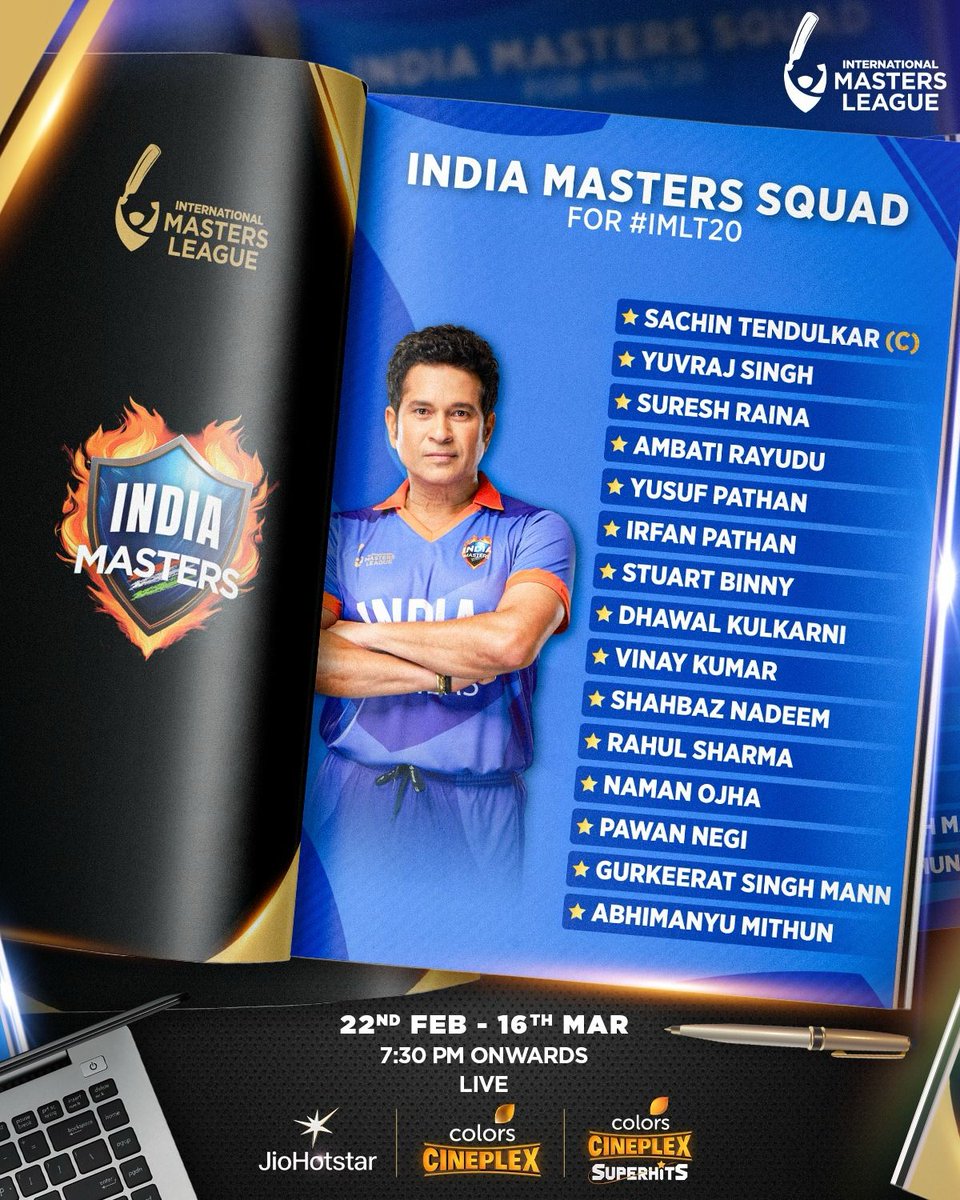 SatSathishkumar's tweet photo. #IndianMasters are back!!

India masters team for IMLT20

@sachin_rt @YUVSTRONG12 @ImRaina @iamyusufpathan @IrfanPathan 

Starting from 22 February - 16 march. Venue Navi Mumbai Vadodara Raipur.

Channels: 

@JioHotstar

colours Cineplex & superhits!

Tickets @bookmyshow 

 #yuvraj #sachintendulkar #Imlt20 #IMLT20 #partnership

@imlt20official