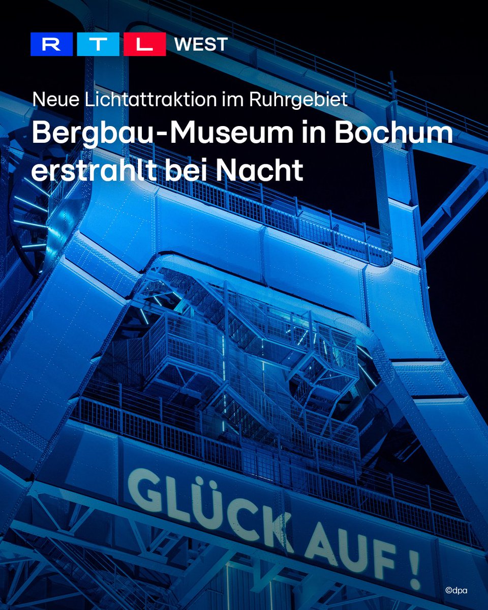 RTLWEST's tweet image. Das #Ruhrgebiet hat eine neue Lichtattraktion! Das sanierte Doppelbock-Fördergerüst des Deutschen #Bergbau-Museums in #Bochum leuchtet ab sofort mit beeindruckenden Farbspielen. Die 71 Meter hohe Lichtskulptur wird erstmals am Samstag (22.02.) beim großen Museumsfest offiziell in