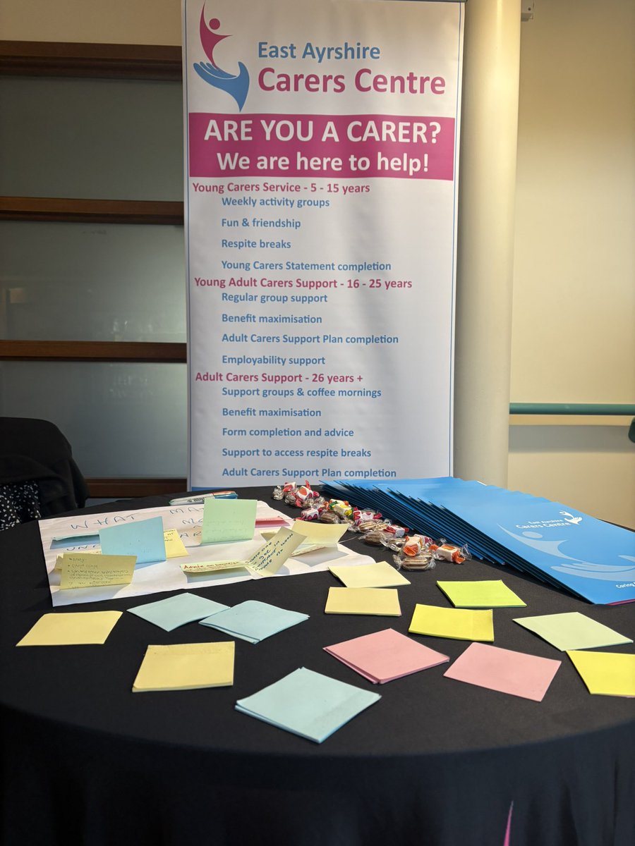 david_pirrie's tweet photo. Out of the office for the #healthandwellbeing event at East Ayrshire Community Hospital gathering feed back on #whatmatterstome as an unpaid carer! @EACarers https://t.co/uyiOsGErGG