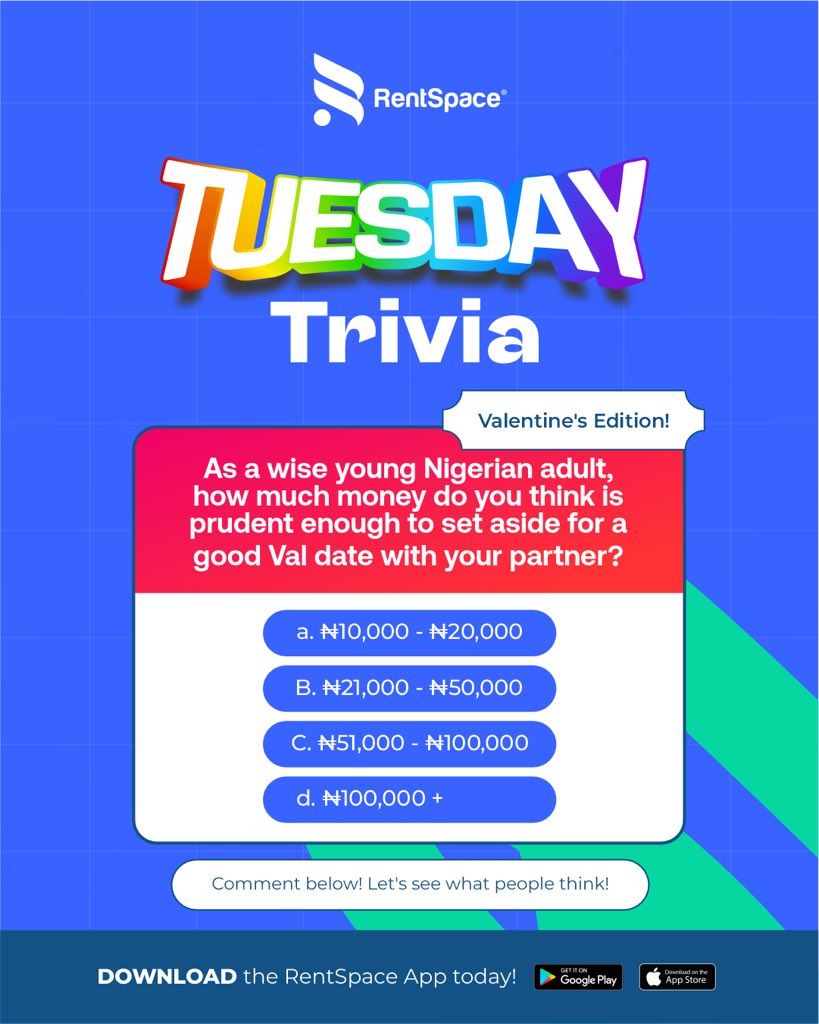 rentspacetech's tweet photo. 🚀 Love is sweet, but e no suppose wreck your account! 😅 As a smart Nigerian saver, how much do you think is just right for a Valentine’s date? 🎯 Vote in the comments! 👇🏾

#TriviaTuesday #ValentinesOnABudget #Rentspace #MoneyWisely #ValentineSavings #saveforlove https://t.co/2qGOWiP7u1
