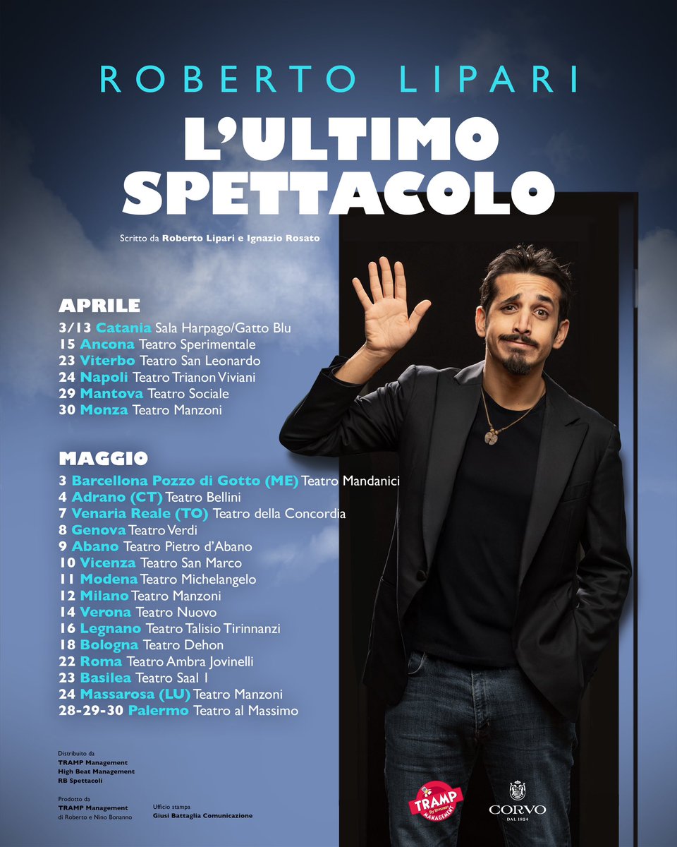 Ho iniziato a 17 anni,chiudo a 34.Un giro perfetto.Anzi un Tour
BIGLIETTI: bit.ly/3EByuFZ

Qualcuno penserà che ho perso la ragione,altri penseranno che ci ho perso tempo.

casomai non vi rivedessi,buonpomeriggio,buonasera e buonanotte

#robertolipari #ultimospettacolo