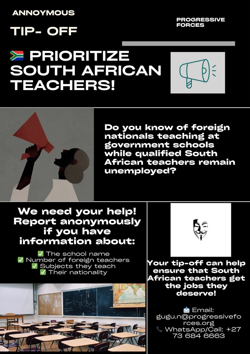 ForcesPFSA's tweet image. South Africa doesn’t have an unemployment problem—it has an unconstitutional hiring problem!🚨 The Department of Education must account for why qualified South African teachers are jobless while foreign nationals occupy positions in public schools. 🇿🇦✊🏾 #HireSouthAfricans #PFSA