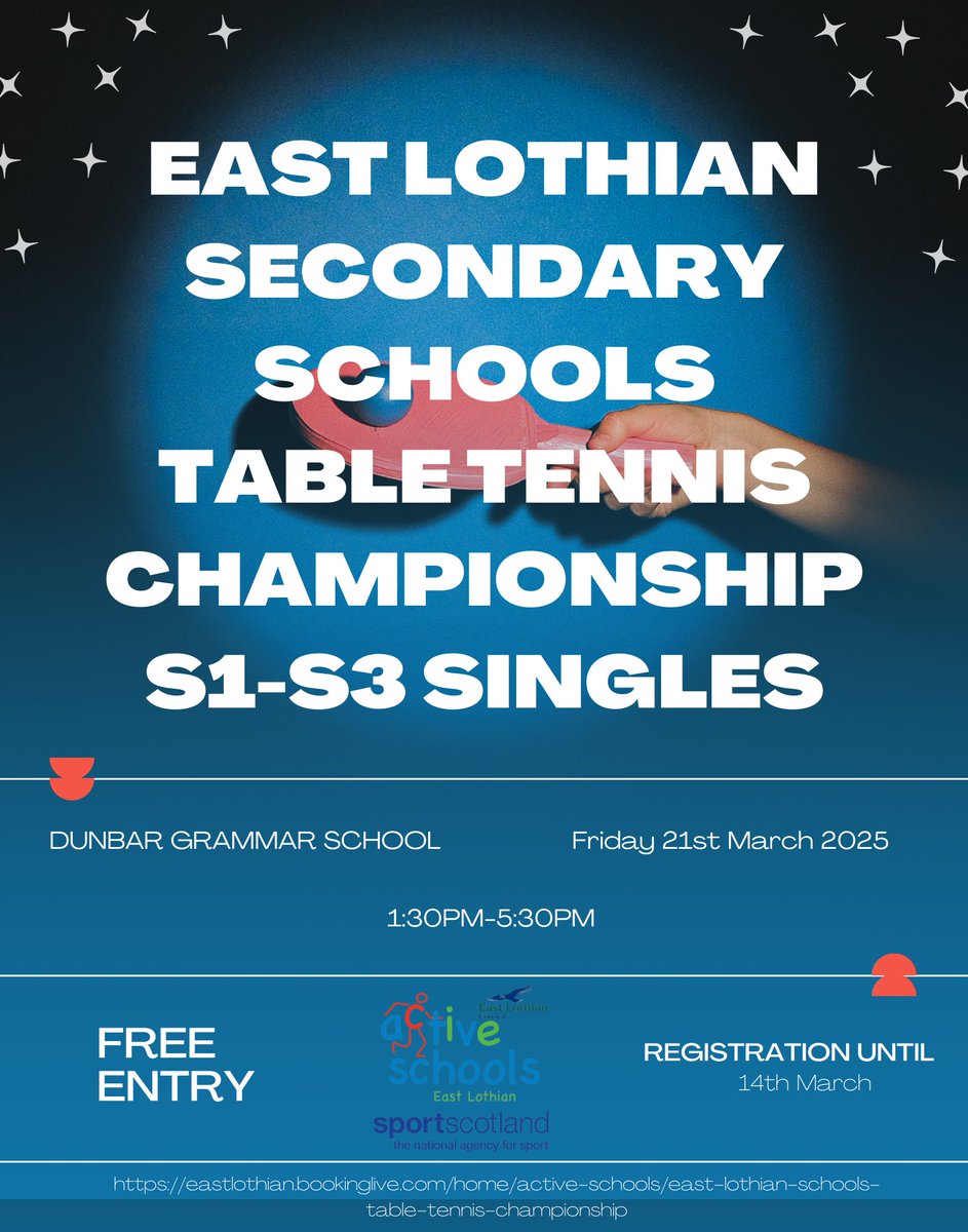 Active East Lothian (@activeel) on Twitter photo Active Schools is pleased to say that we will be hosting the Primary/Secondary Schools Singles Table Tennis Championship in 2025 at Dunbar Grammar on Friday 21st March.
To sign up for the event please click on the link.
eastlothian.bookinglive.com/home/active-sc… Active Schools is pleased to say that we will be hosting the Primary/Secondary Schools Singles Table Tennis Championship in 2025 at Dunbar Grammar on Friday 21st March.
To sign up for the event please click on the link.
eastlothian.bookinglive.com/home/active-sc…