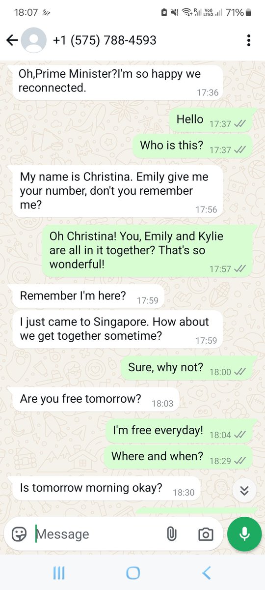 rezipping2's tweet photo. Scammer: Aren't you Mrs Liu?
Me: Mrs Liu? But u addressed me as prime minister at the beginning!

Another lazy scammer. For goodness' sake, just Google for a cafe name in MBS. This one can't even be bothered to name a place to "fake" meet me. https://t.co/JGQHupxdG8