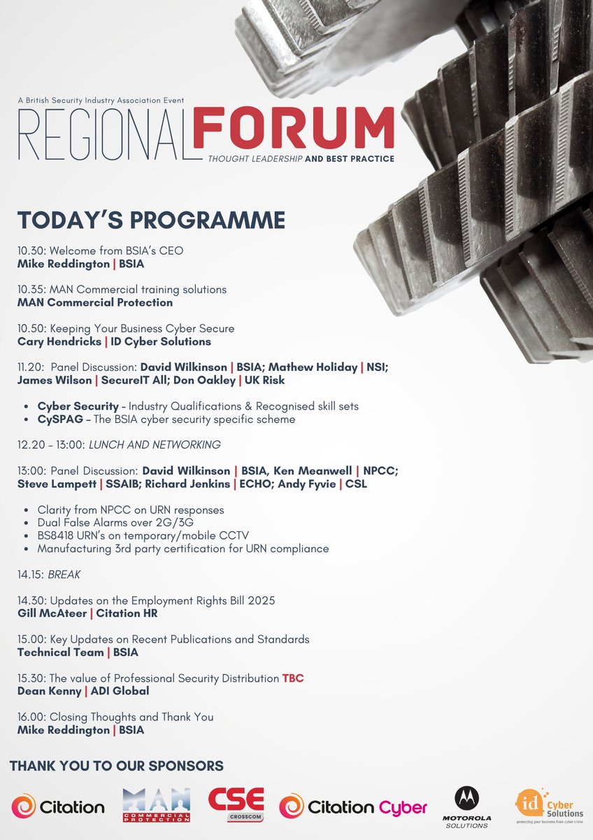 The Day One agenda for the BSIA's Midlands Forum on the 5th of March has been confirmed! Covering updates on Training Solutions, Cyber Awareness, HR Laws and URN updates for the security sector

Book your ticket now: shorturl.at/roCvC

Find out more: lnkd.in/e2sj8ZsF