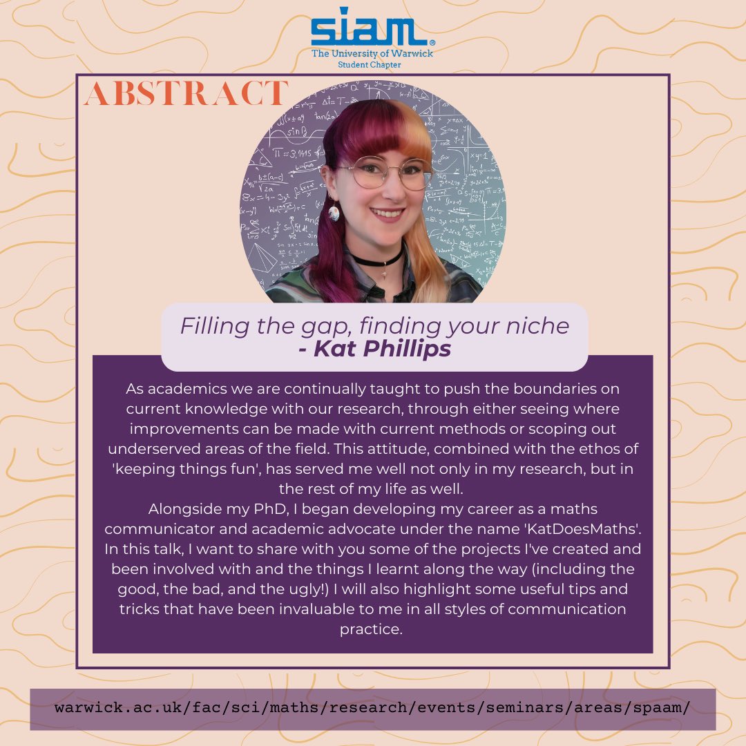We have a very special SPAAM Seminar this week 🎉 We are delighted to be joined by Dr Kat Phillips (CAMaCS, Warwick) <a href="/katdoesmaths/">KatDoesMaths</a> !!