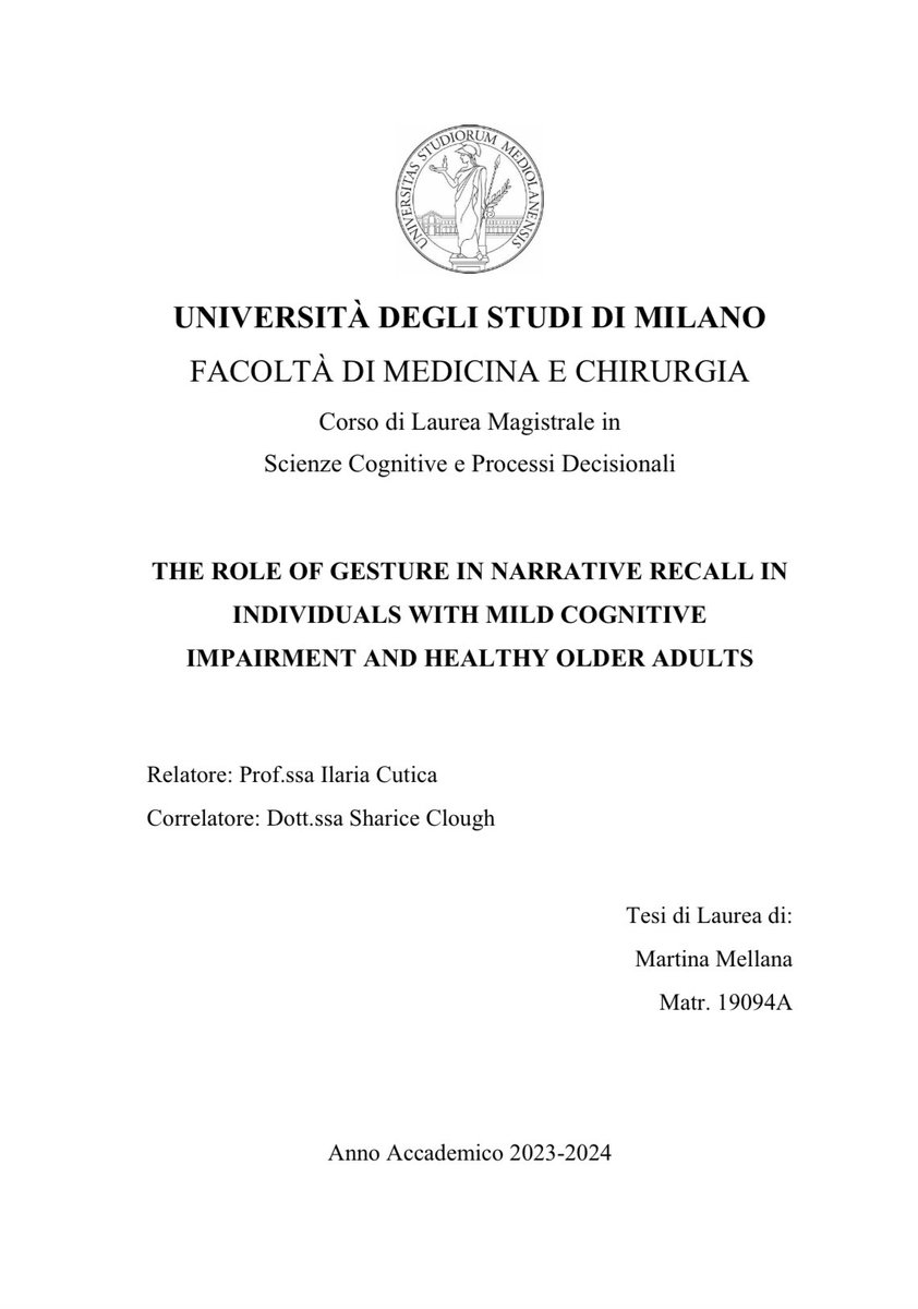 Finally submitted my Master’s thesis carried out at <a href="/MPI_NL/">MaxPlanck-Psycholinguistics</a> with <a href="/ShariceClough/">Sharice Clough 🦋 @shariceclough.bsky.social</a>! 🎉🥳
We found that individuals with MCI rely on the gesture modality as a meaningful communicative resource and that information conveyed through gesture remained stable over time.
