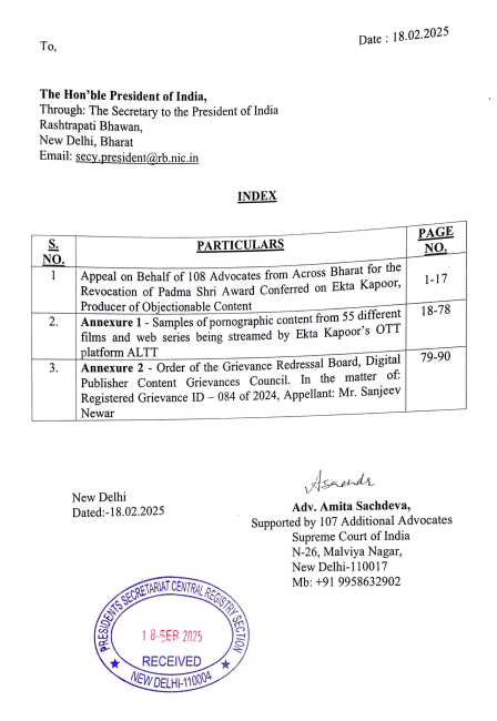 Appeal by 108 Advocates from Across Bharat for Revocation of Padma Shri Award Conferred on Ekta Kapoor

On behalf of 108 advocates across Bharat, we appeal to the Hon'ble President of India (<a href="/rashtrapatibhvn/">President of India</a>) to revoke the Padma Shri award conferred on <a href="/EktaaRKapoor/">Ektaa R Kapoor</a>. The Padma