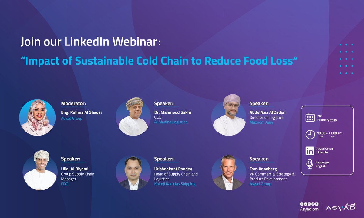 AsyadGroupOman's tweet photo. How do technology and supply chain integration boost food sustainability and cut waste?🐟🥦

What are the key steps to transforming traditional supply chains into more efficient and sustainable systems?

Discover the answers at our webinar, “Impact of Sustainable Cold Chains to Reduce Food Loss,” where experts discuss innovations in cold chain logistics and their role in enhancing food security.♻️

#ASYADGroup