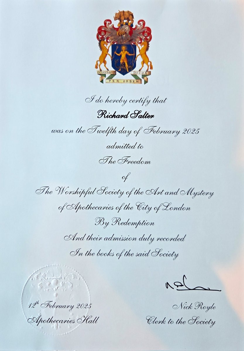 RichSalter's tweet image. On the Twelth day of February 2025 I was honoured to be admitted to The Freedom of the Worshipful Society of the Art and Mystery of Apothecaries of the City of London.