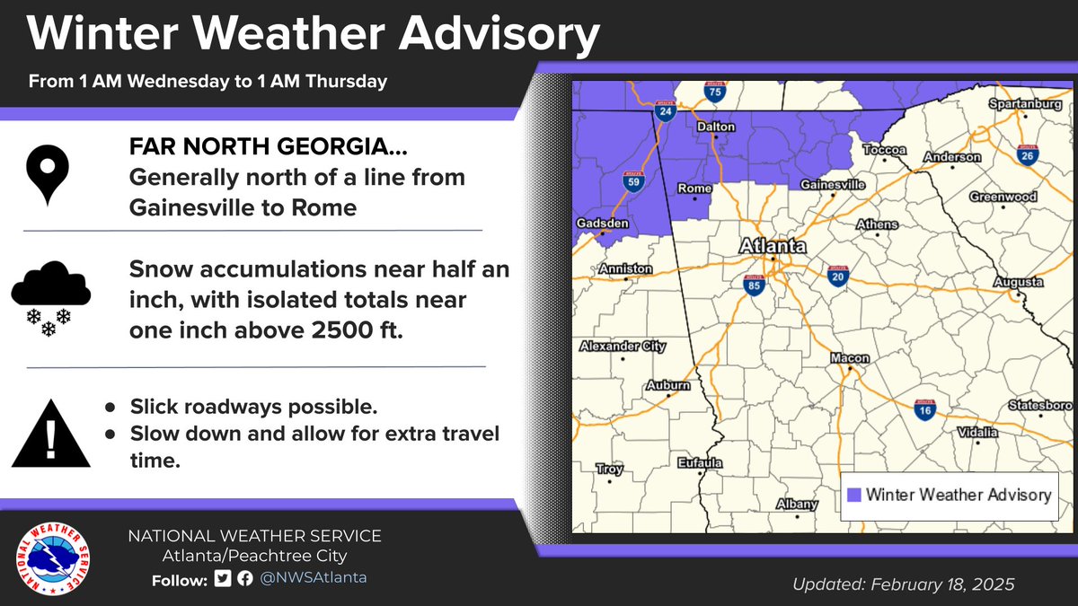 Light snow accumulations could lead to slick roadways in far north Georgia Wednesday. A Winter Weather Advisory has been issued. #gawx
