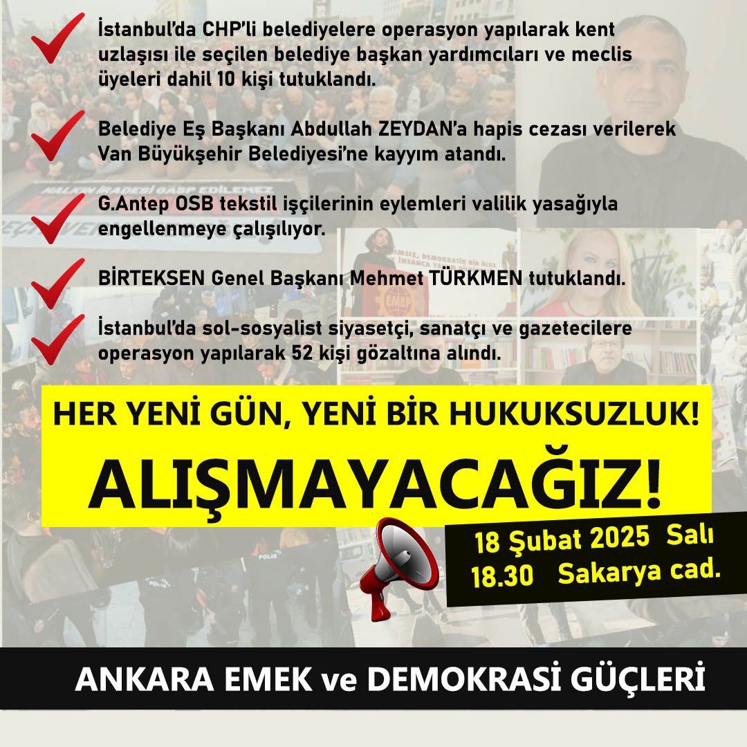 AKP-MHP Faşist İktidar Bloku’nun aralarında 4 yoldaşımızın da bulunduğu onlarca sosyaliste, yurtsevere, gazeteciye yönelik gözaltı saldırısına ses çıkarıyoruz. 

Faşizme karşı omuza omuza demek için, saat 18.30’da Sakarya Meydanında buluşuyoruz.