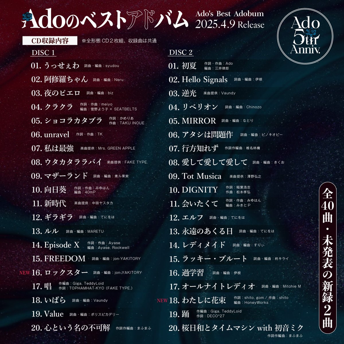 Adoのベストアドバム💿 2025.4.9 Release🩵 全40曲収録💿 DISC 1
