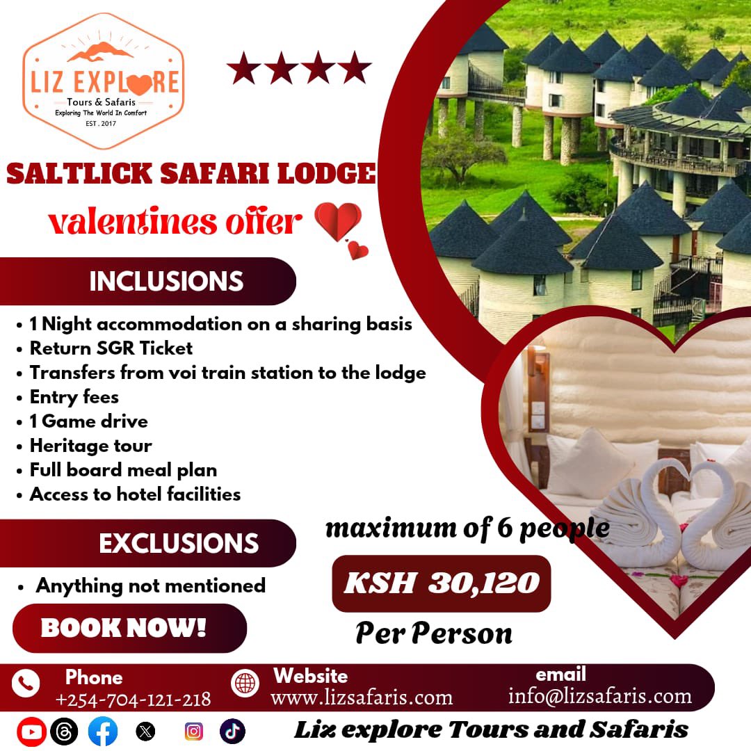 ToursLiz's tweet photo. 🌿❤️ Valentine's Special at Salt Lick Safari Lodge! ❤️🌿

Love deserves adventure Book now and make this Valentine’s unforgettable! ❤️

📞 +254-704-121-218 
🌐 https://t.co/wYVAcjz6h1 
 📧 info@lizsafaris.com

#ValentinesSafari
#RomanticEscape #LoveInTheWild
#SaltLickLodge https://t.co/7TGfanQoPF