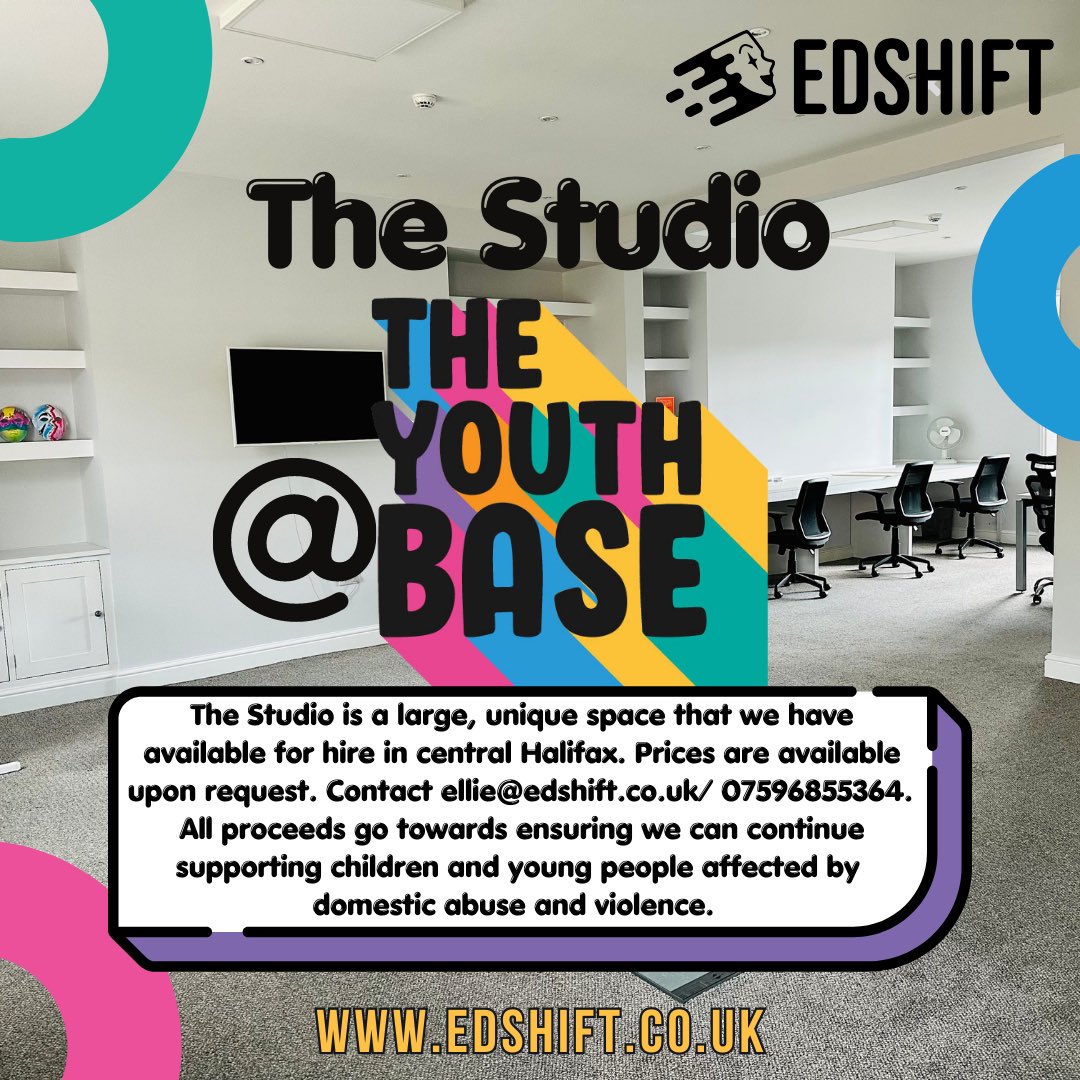 EdShift (@edshiftcic) on Twitter photo Our studio is a large, vibrant and unique space available to hire in central Halifax.
Prices are available upon request, all proceeds go towards sustaining our support to children and young people impacted by domestic abuse.
📧ellie@edshift.co.uk
☎️01422 773 174
#StudioHire Our studio is a large, vibrant and unique space available to hire in central Halifax.
Prices are available upon request, all proceeds go towards sustaining our support to children and young people impacted by domestic abuse.
📧ellie@edshift.co.uk
☎️01422 773 174
#StudioHire
