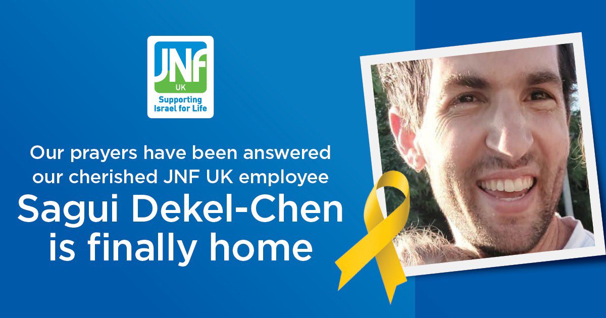 All of us at JNF UK are overjoyed to announce that our cherished colleague Sagui Dekel-Chen has been released and is finally back where he belongs—with his family, friends, and community.

We have missed you deeply and been waiting eagerly for this moment.

Welcome home Sagui 💙
