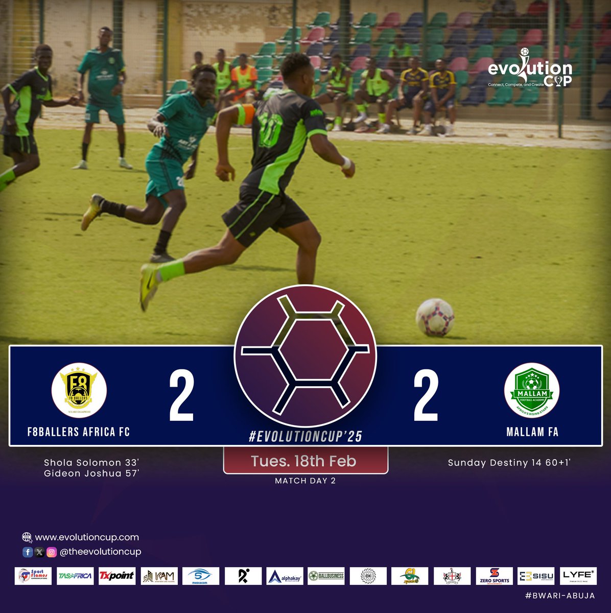 theevolutioncup's tweet photo. The first game of the day ends in a 2-all draw with a brace for Destiny Uche Sunday; one to open the scoring for the day, and the other to draw his team level and salvage a point.
#F8BMAL
#EvolutionCup2025 https://t.co/GHf9HS3blV