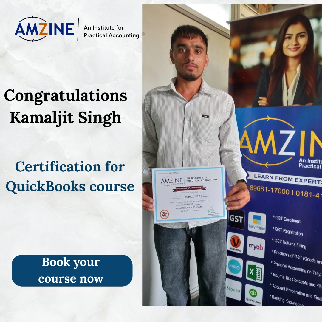 AmzineInstitute's tweet image. Congratulations, Kamaljit Singh, on completing the QuickBooks Canadian Accounting Software course!!
All the best with everything ahead!!
:
:
Book your free demo session today!!
For any further enquiries, feel free to call us at +91 89681-17000.
#QuickBooksPro #AccountingSuccess