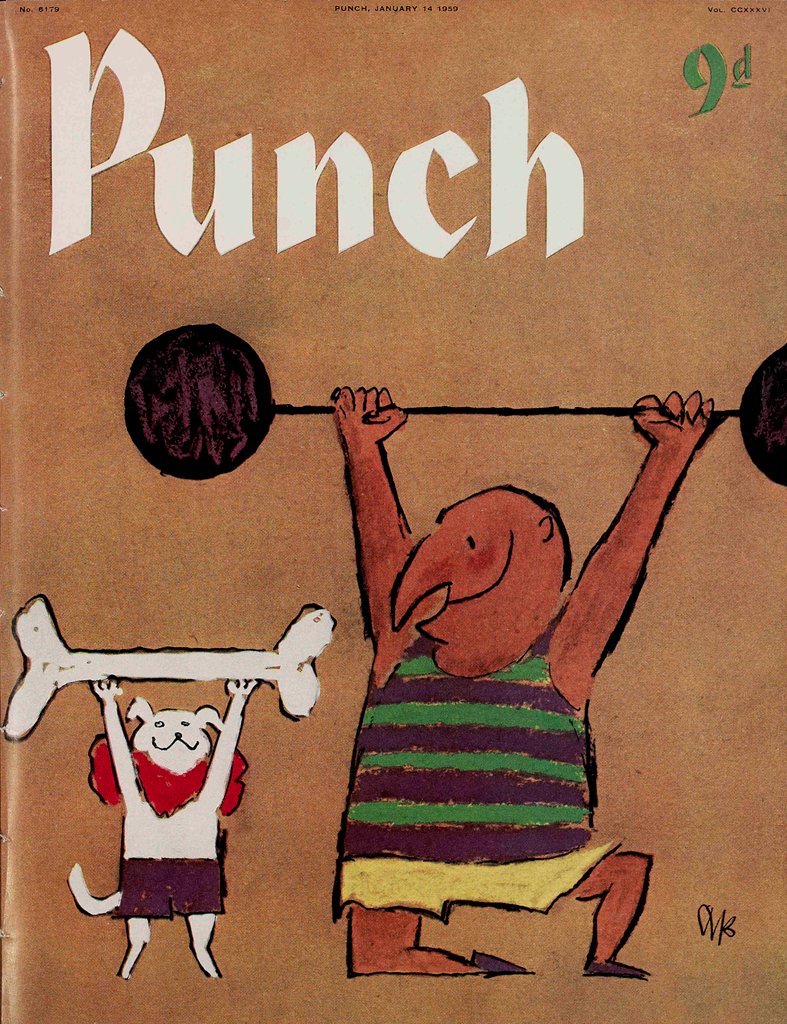 PunchBooks's tweet image. Today's PUNCH colour cover. Have you been doing your exercises? Quentin Blake 1959 #exercise #weights #sport #dumbbells #training