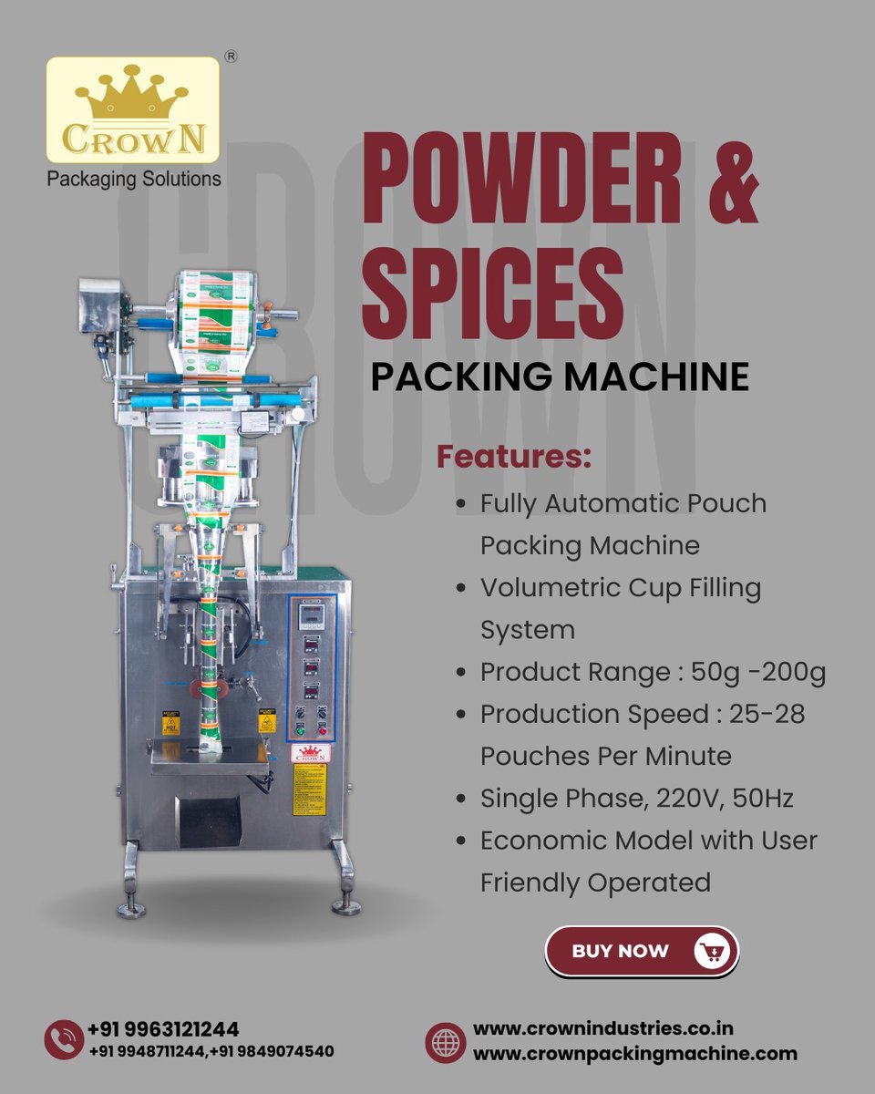 CROWNPacking's tweet image. Looking for an efficient and reliable Powder &amp;amp; Spices Packing Machine? The Crown Packing Machine is your ultimate choice! 

🌐 Learn more: crownpackingmachine.com
📞 Contact us: 9963121244

#CrownPackingMachine #PowderPacking #SpicesPacking #AutomaticPacking #PouchPacking