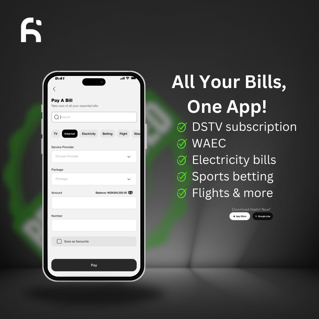 hashit_app's tweet photo. With HashIT, you can settle your DSTV, electricity, WAEC, flight bookings, sports betting, and more all in one place!

#PowerYourHustle #billspayment #nairacard #airtime #data #electric #dstv #gotv #betting #sendmoney #rewards #nairabank #usd #wallet #hashit #hashit_app https://t.co/O5gXMxJ8cL