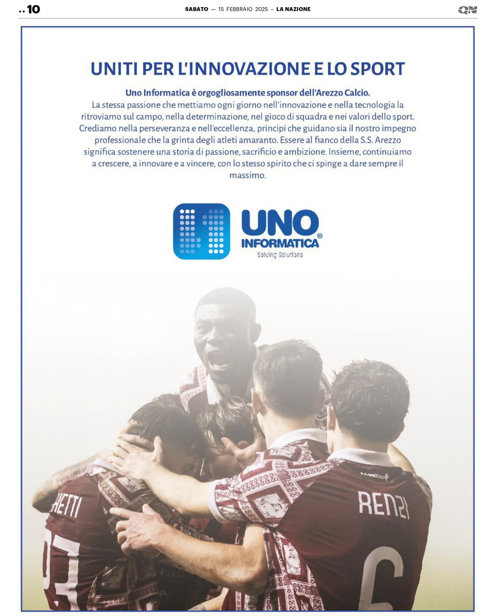 Uno Informatica è orgogliosamente sponsor dell’<a href="/ArezzoCalcio/">S.S. Arezzo Calcio</a>.
La stessa passione che mettiamo ogni giorno nell’innovazione e nella #tecnologia la ritroviamo sul campo, nella determinazione, nel gioco di squadra e nei valori dello #sport.  #calcio #Arezzo