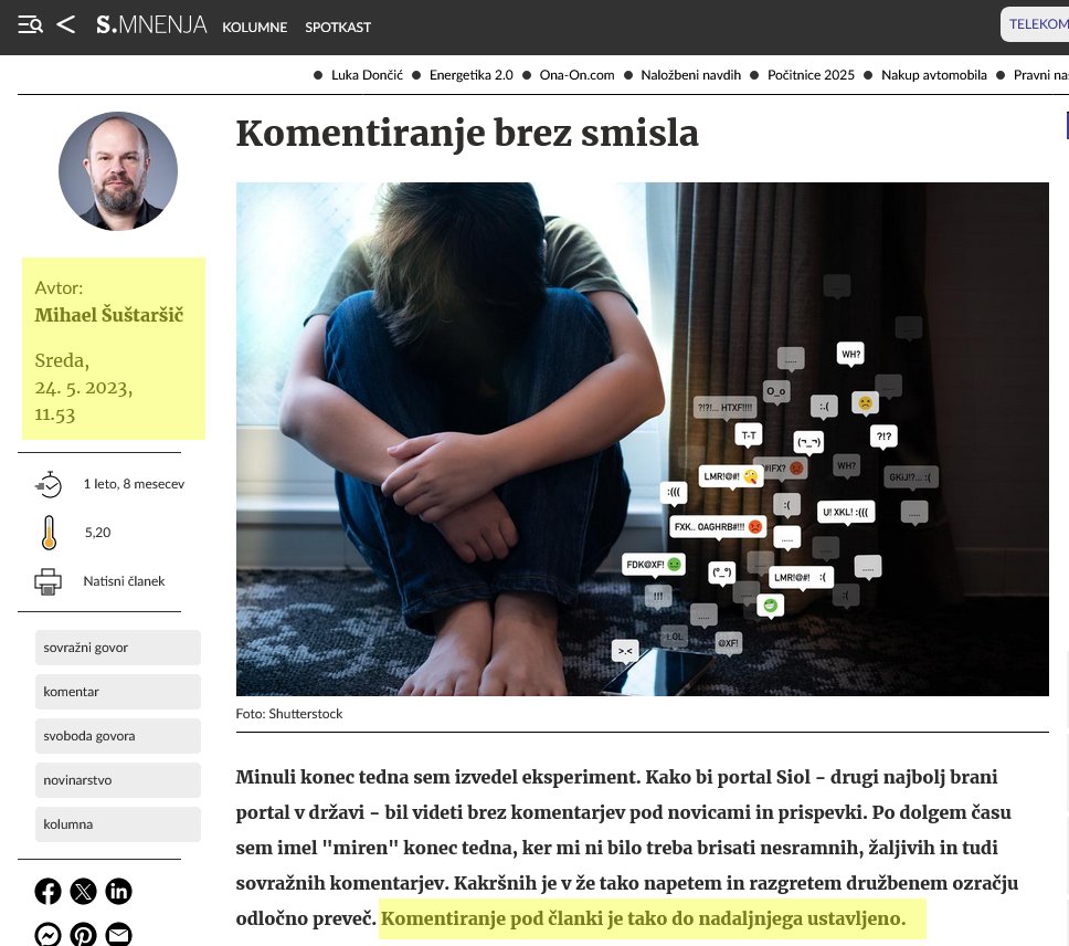 ✊ [Zaprite komentarje!] ✊

Opozarjamo na eksperiment <a href="/SiolNEWS/">SiolNET Novice</a> in pokončno držo <a href="/SustarsicM/">Mihael Šuštaršič</a>, ki je konec maja 2023 zaprl komentarje na mediju Siol, ker je imel dovolj žaljivih, sovražnih in nesramnih komentarjev. 

Rezultati eksperimenta po skoraj dveh letih so šokantni.