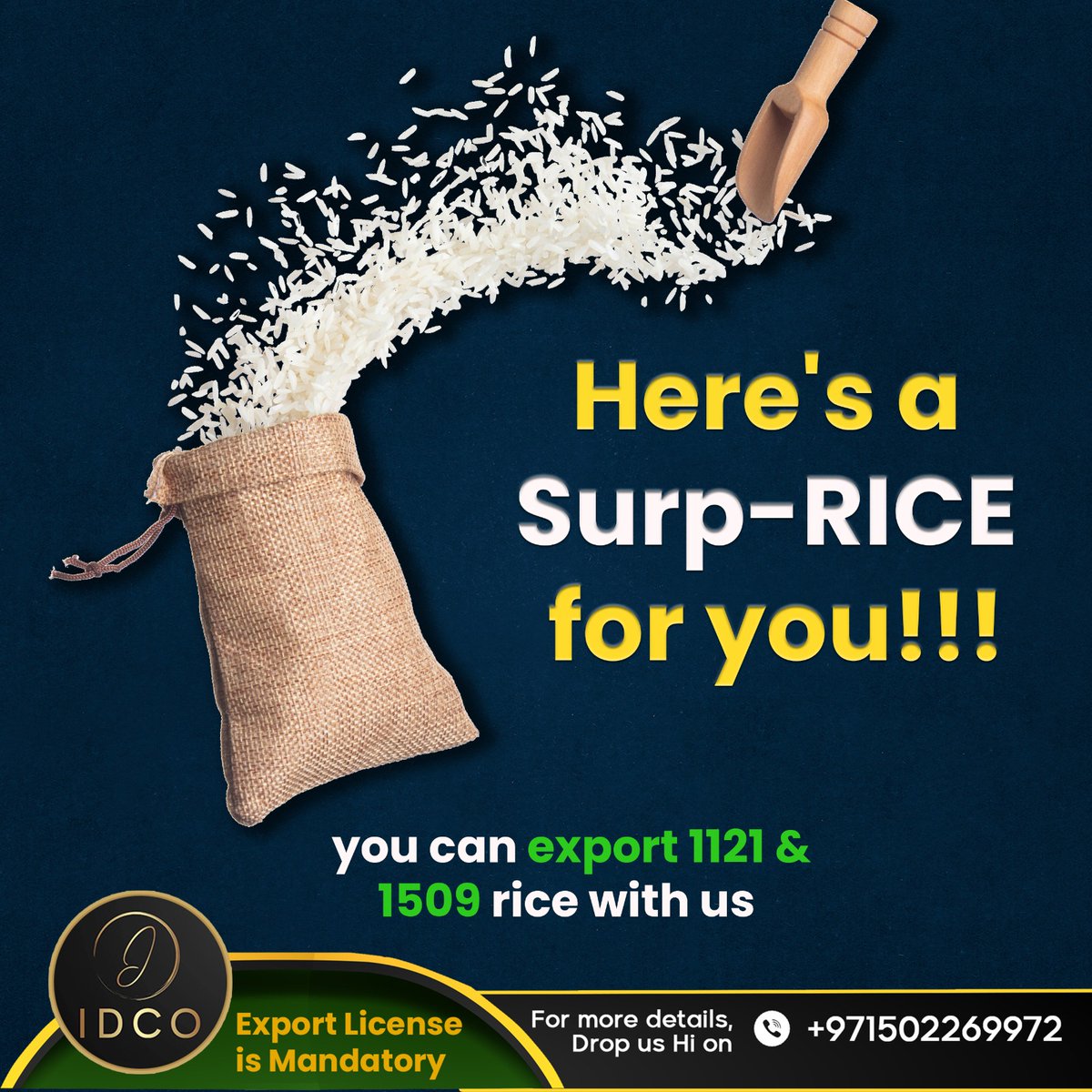 Get ready for a rice revelation! We're bringing you a surprise that will change the way you think about rice export. Stay tuned! 

#RiceSurprise #ExportOpportunity #1121Rice #1509Rice #RiceExport #India #Dubai #IDCO