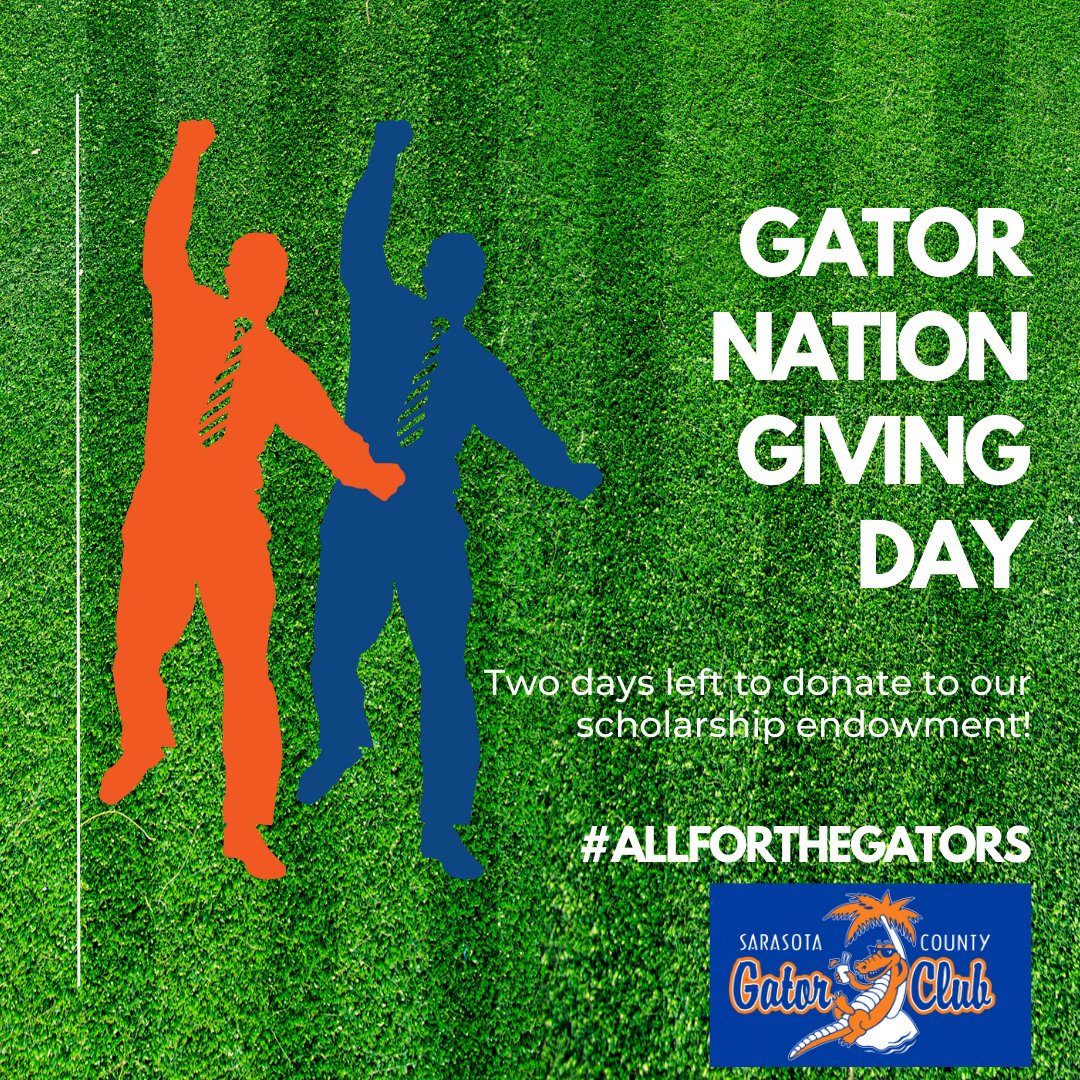 SRQGatorClub's tweet image. Only two days left to donate! We've reached over 25% of our goal, but need your help to be able continue to award $12,000 annually in scholarships for local students to attend @UF. 🧡💙
To donate, visit: givingday.ufl.edu/campaigns/sara…
#AllForTheGators #StandUpAndHoller