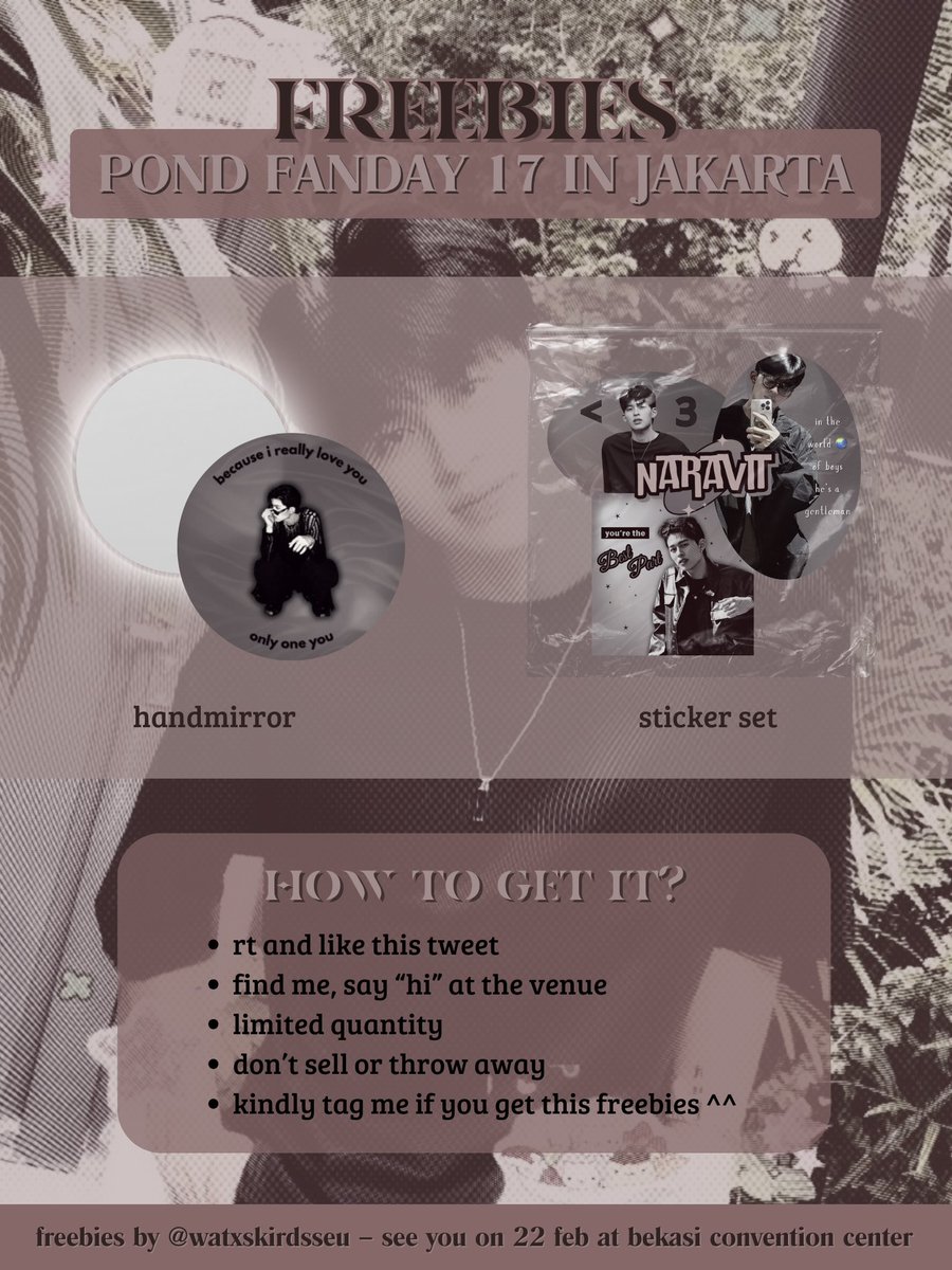 ✦ POND FANDAY 17 IN JAKARTA ✦
— freebies by <a href="/watxskirdsseu/">desseu.</a>

🗓️ 22 Februari 2025 
📍Bekasi Convention Center
🕐 TBA

rt &amp; like are appreciated ! ♡
dm for trade (in limited qty)

see youu there ~
#PONDFANDAYxJAKARTA 
#GMMTVFANDAY17
#klePONDJKT
#ppnaravit