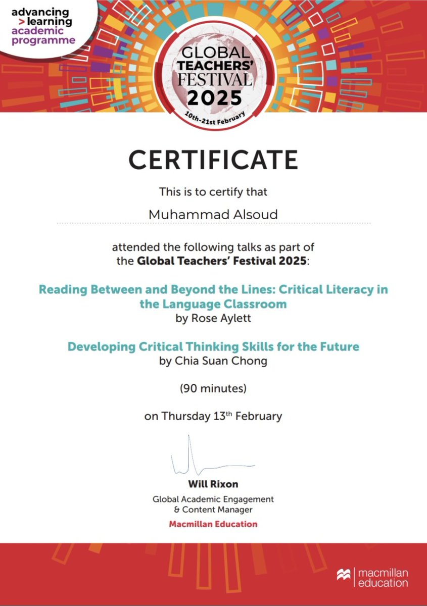 MuhammadAlsoud's tweet photo. I was fortunate to attend enriching sessions on critical literacy and critical thinking, presented by Rose Aylett &amp; Chia Suan Chong. Many thanks to Macmillan Education for hosting this valuable event.

#GlobalTeachersFestival #Education #CriticalThinking #ProfessionalDevelopment https://t.co/AfCHGDEnC0