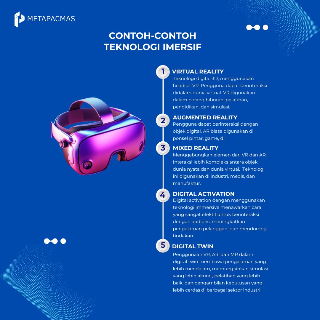 MetaPacmas's tweet photo. Contoh-contoh teknologi imersif yaitu Virtual Reality, Augmented Reality, Mixed Reality, Digital Activation, Digital Twin

Examples of immersive technology yaitu Virtual Reality, Augmented Reality, Mixed Reality, Digital Activation, Digital Twin https://t.co/z4fWzf0foY