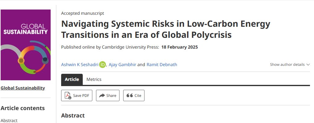 Excited: paper out in Global Sustainability journal <a href="/CambridgeUP/">Cambridge University Press</a> with Ashwin Seshadri <a href="/iiscbangalore/">IISc Bangalore</a> and Ajay Gambhir <a href="/imperialcollege/">Imperial College London</a> ASRA
Open access: doi.org/10.1017/sus.20…
<a href="/Gates_Cambridge/">Gates Cambridge</a> <a href="/CSERCambridge/">Centre for the Study of Existential Risk</a> <a href="/CRASSHlive/">CRASSH, Cambridge</a> <a href="/YoursCambridge/">Cambridge Development & Alumni Relations</a> <a href="/eprgcambridge/">EPRG Cambridge</a> climatraces.org