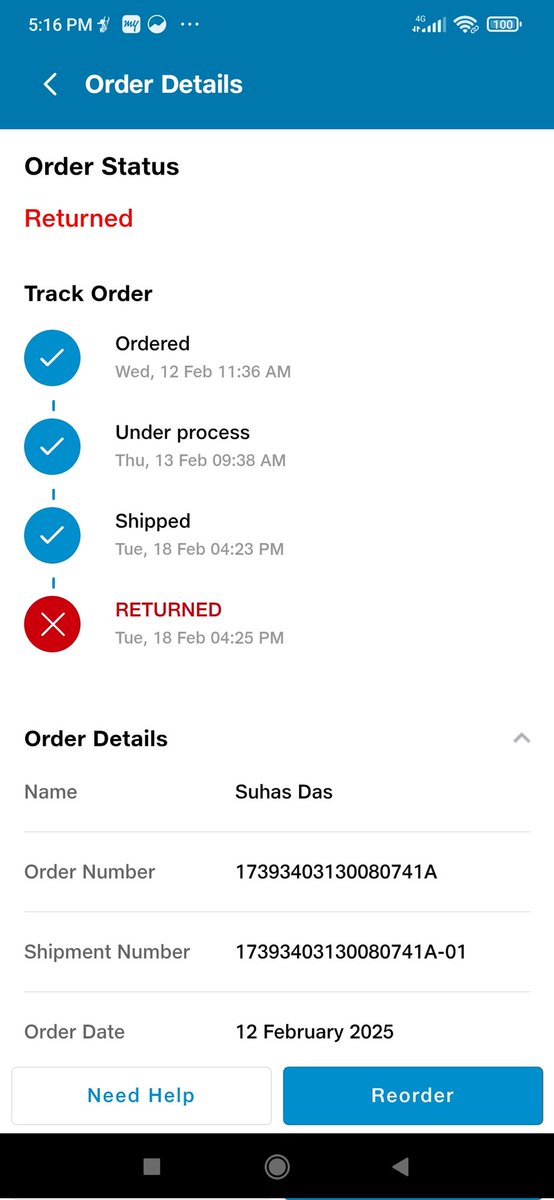suhas_das's tweet photo. @JioMart_Support #Reliance Look at your pathetic service.
Issue 1: Order was supposed to be delivered on 13th Feb. Order was not delivered.
Issue 2: Your logistics support just changed the status to "Shipped" on 18 th Feb at 4:23 pm and "Returned" at 4:25 pm
Never got shipped! https://t.co/JpS8ZBLpPr