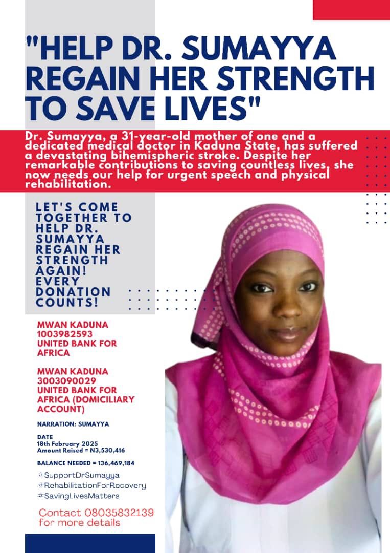 UsamaShagali's tweet photo. We all need your support to rescue our dear colleague who is a Doctor and a mother currently recovering from complications of Bi-hemispheric stroke, She needs urgent and expert rehab. Thank you for your help as we #SupportDrSumayyah 
#RehabilatationforRecovery
#SavingLivesMatters https://t.co/tkU3GMxDmF