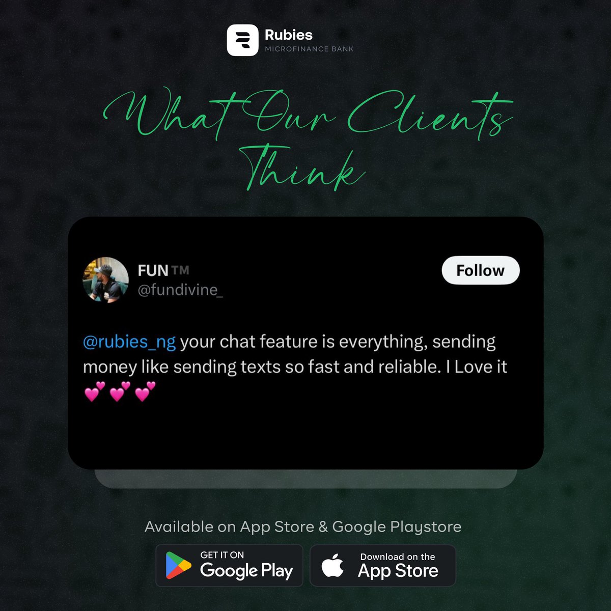 rubies_ng's tweet photo. We can go on and on about how great the chat feature is but it’s best experienced!😍

Join the exciting and new way to bank. Download Rubies today and experience a new world of conversational banking with our chat feature.

#Rubies #RubiesBank #SwitchToRubies #RubiesIdependentBanker #DigitalBank #MFB #RubiesChat