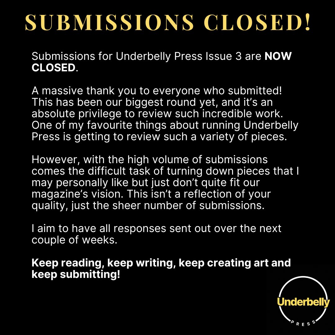 Submissions for Underbelly Press Issue 3 are NOW CLOSED.

A massive thank you to everyone who submitted! This has been our biggest round yet, and it’s an absolute privilege to review such incredible work. I aim to have all responses sent out over the next couple of weeks.