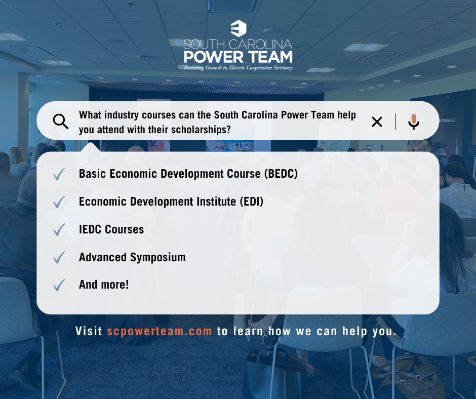 SCpowerteam's tweet image. Are you a full-time County or Regional Economic Development professional looking to further your education? The South Carolina Power Team offers scholarships to help cover tuition for a range of industry-leading courses. Learn more about how you can apply: tinyurl.com/52jr5hfz