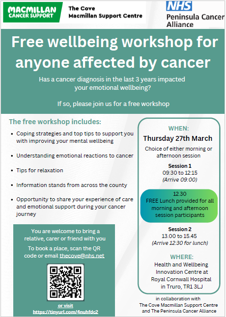 Do you live in Cornwall? Has a cancer diagnosis in the last 3 years impacted your emotional wellbeing?
If so, please join us for a free workshop.  To book a place please visit forms.office.com/e/JzUCbuRHik
#emotionalwellbeing #MentalHealth <a href="/CoveMacmillan/">The Cove Macmillan Support Centre</a> <a href="/RCHTWeCare/">Royal Cornwall Hospitals NHS Trust</a> <a href="/macmillancancer/">Macmillan Cancer Support</a>
