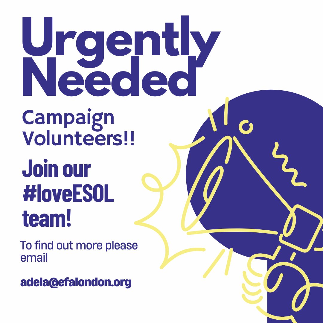 EFALondon's tweet photo. We're looking for 20 #volunteers to join the #LoveESOL (https://t.co/ZnlVFyEyyw) team. You'll be part of a great team and gain transferrable skills in #policy, #research and #campaign #strategy: https://t.co/cdMz0PhL6w (or follow the link in our bio).

Please share this post! https://t.co/6x6Lar5004
