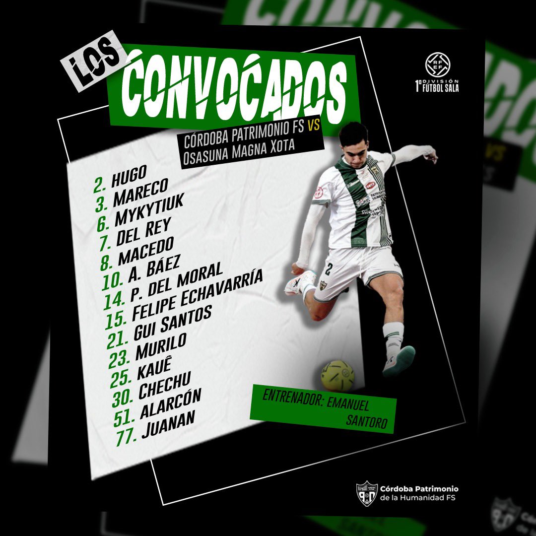 CordobaFutsal's tweet photo. 📋 Convocatoria para recibir este martes al @CDXOTA (Vista Alegre, 21:30 h).

❌ @SuperFabio12 y Víctor, bajas obligadas. 

✅ @alarcon_e23 y Chechu, porteros del filial, en la lista.

🔜 Kauê, tras cumplir sanción, retorna. 

#CordobaOsasuna #PrimeraDivisionFS https://t.co/qDz8LjhSWO