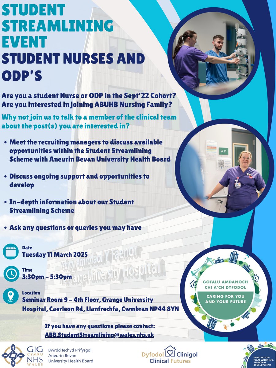 Are you a student Nurse or ODP in the Sept’22 Cohort?
Are you interested in joining ABUHB Nursing Family?

We're holding a Drop-In Session on Tuesday 11th March from 3:30pm-5:30pm in Seminar Room 9, Grange University Hospital.